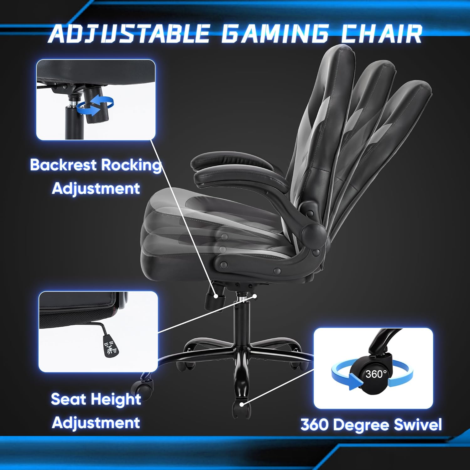 Office Desk Leather Gaming Computer Chair with Adjustable Swivel Task and Flip-up Arms, Black-Grey