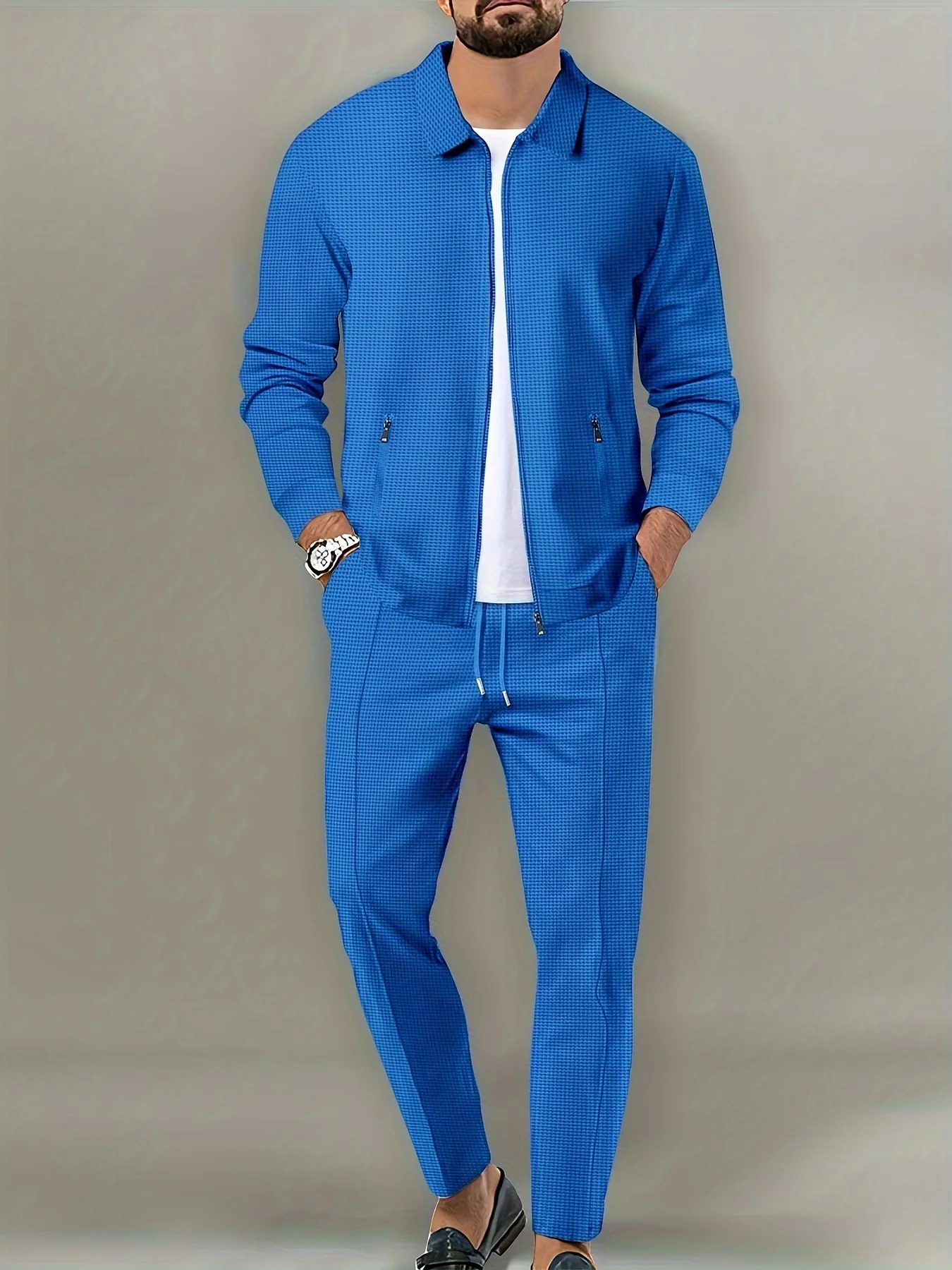 Slim Fit Herren jacke mit Reiß verschluss tasche, lang ärmel ige Sport bekleidung, Strickjacke, lange Hose, elegantes, zweiteiliges Set