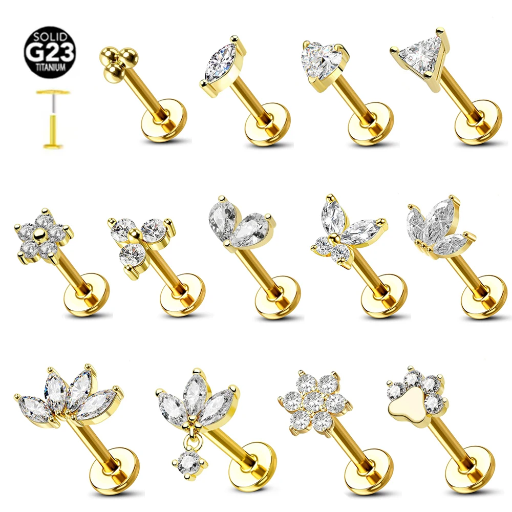 ASTM F136 G23 pendiente sin rosca de flor de titanio Piercing pétalos hoja corazón mariposa Pin Daith Conch Push in Labret Stud