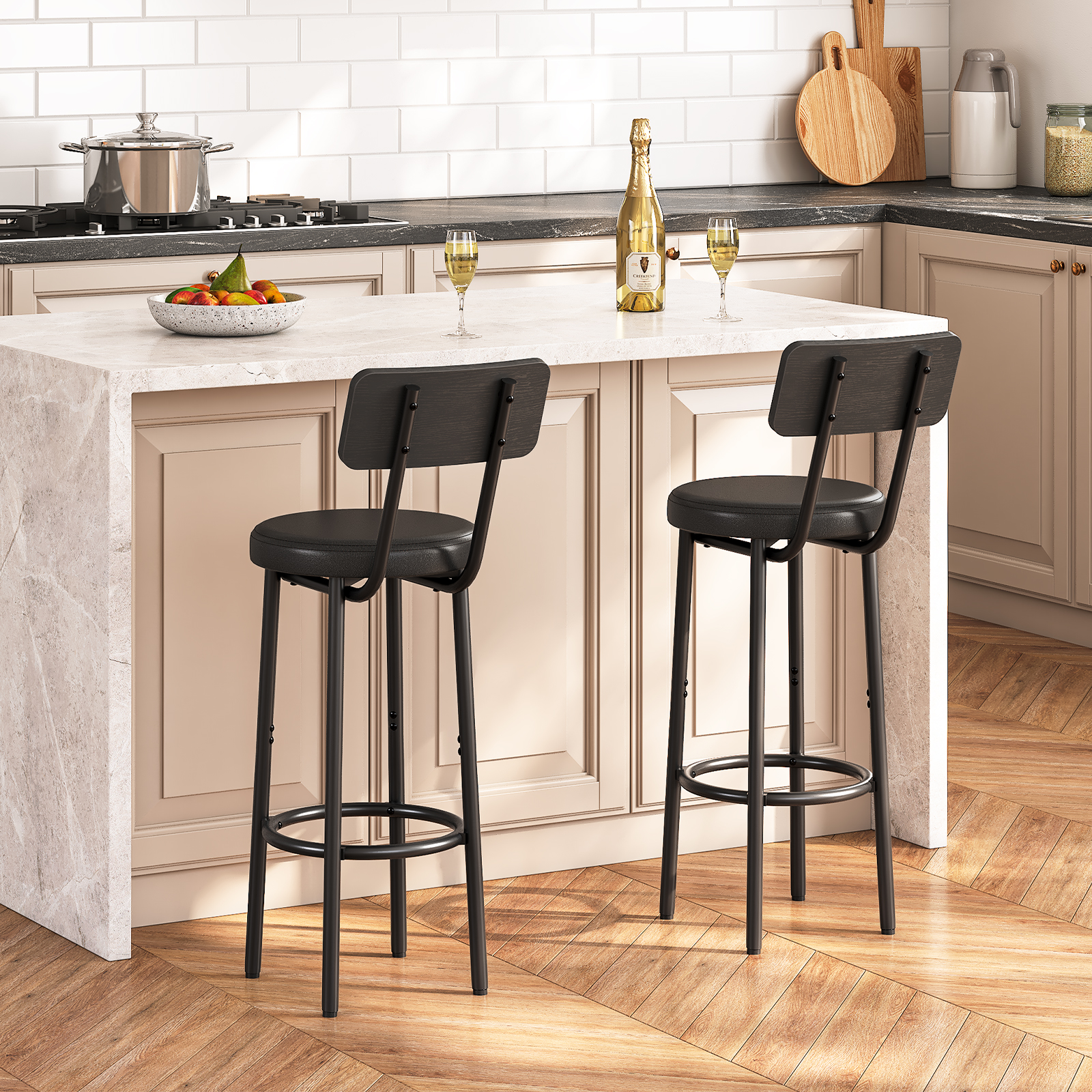 HOOBRO Bar Stools Set of 2 Bar Stools with PU Upholstered Bar Chairs with Footrest and Back 26" Bar Stools for Kitchen Island