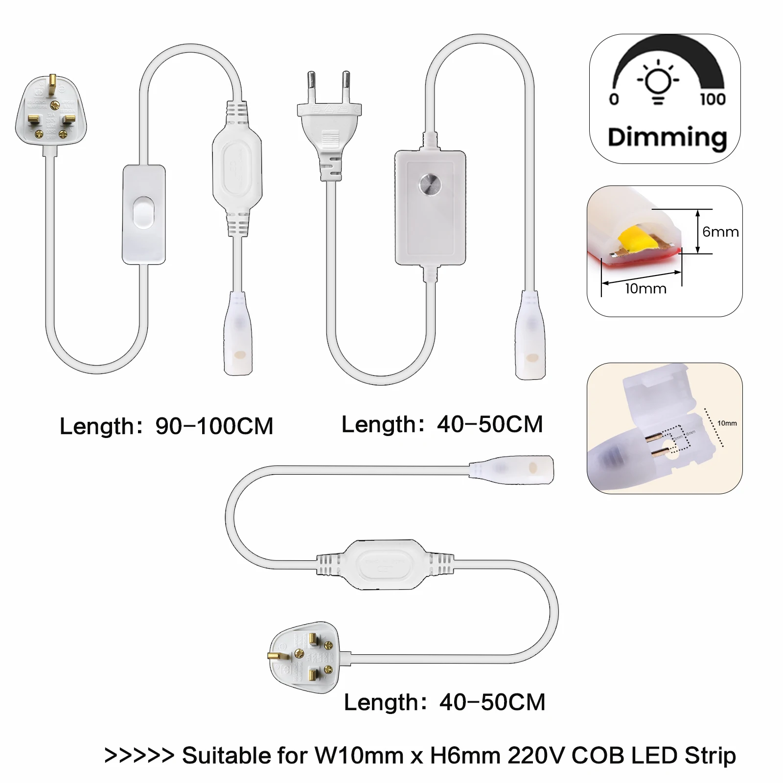 220V 230V COB LED Strip EU/UK Power Plug With Switch/Dimmer Plug For 10MM Width COB LED Strip Light
