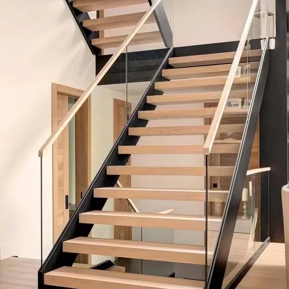 Modern Design Second Floor Indoor Staircase Handrail Solid Wood Tread Step Lights Mono Stringer Metal Railing