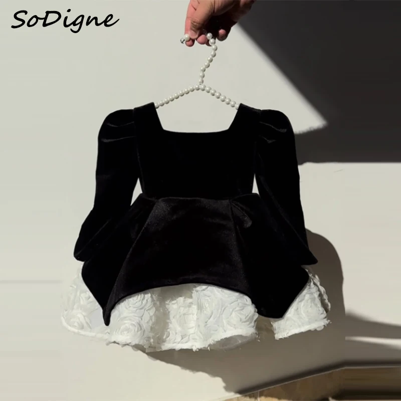 SoDigne A-line Velvet Flower Girl Dress Square Collar Full Sleeves Short Skirt Girls Party Dresses Princess Kid Gown Customized