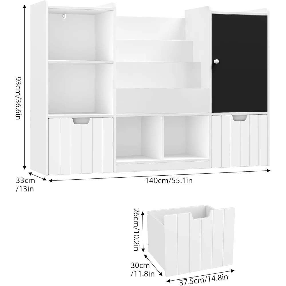 "Toy Storage Organizer, 55.1” Large Bookshelf & Storage Unit with Chalkboard – Includes 2 Mobile Bins for Kids’ Room Organiza