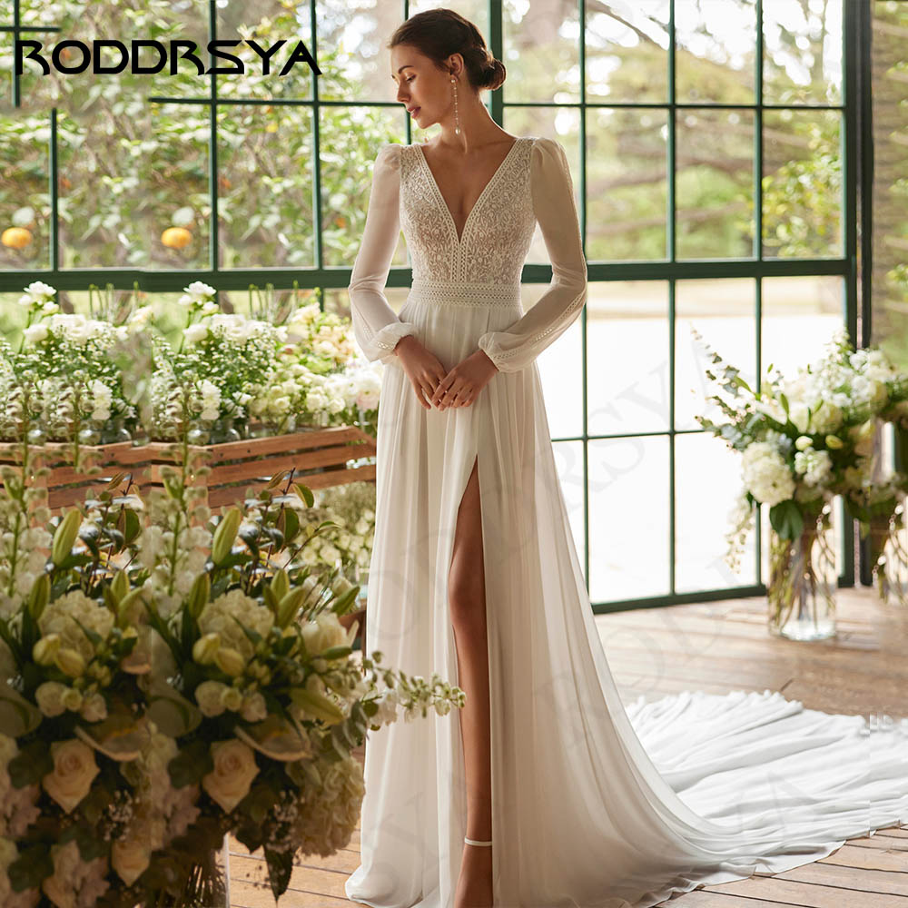 RODDRSYA-Robe de Mariée Bohème en Mousseline de Soie pour Femme Tenue Éducative Manches sulf Dentelle Appliques Ligne A Personnalisée Robes de mariée de style bohème pour les femmes Mousseline de soie manches longues d