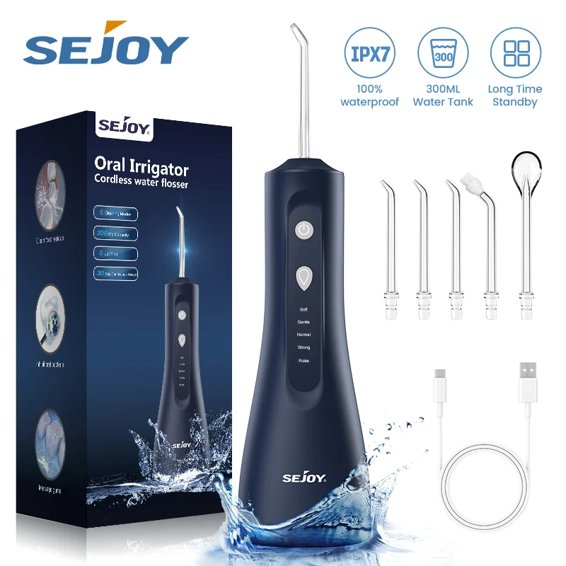 Sejoy Wasserflosser, kabellose Munddusche zur Zahnreinigung, Prothesenbürsten für Zuhause, Reisen, 5 Dentalspitzen, IPX7 tragbar