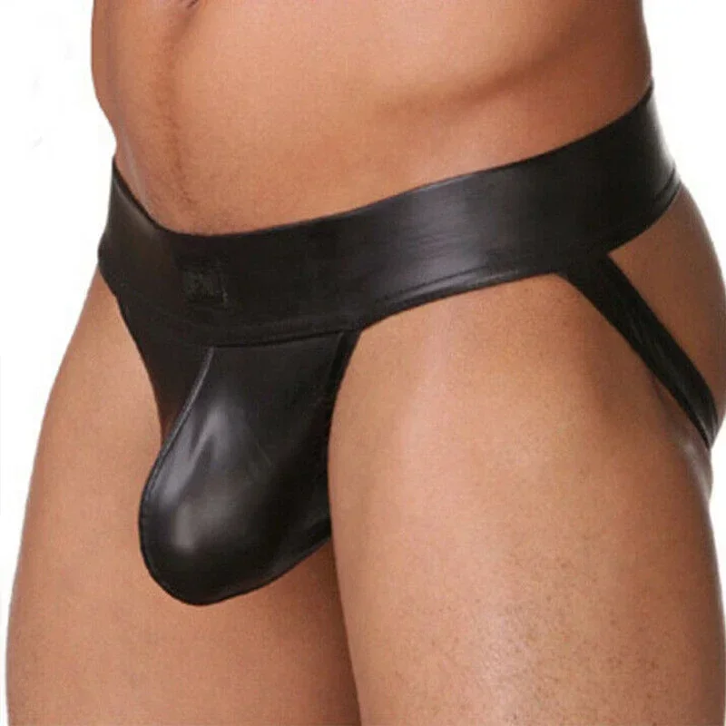 PU Faux Leather bielizna męska Jockstrap gejowskie majtki erotyczne seksowna bielizna gorąca, seksowna męska stringi G String
