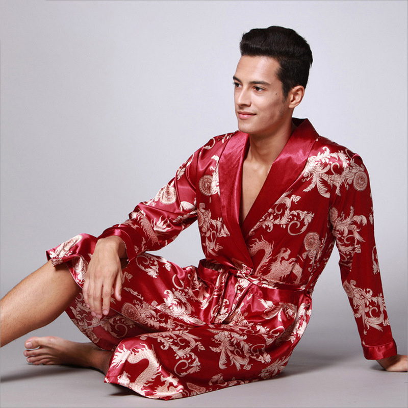 Bata de baño tipo kimono para hombre, bata de baño larga de satén de seda con dragón dorado, bata hasta la rodilla, ropa de dormir negra, verano y otoño