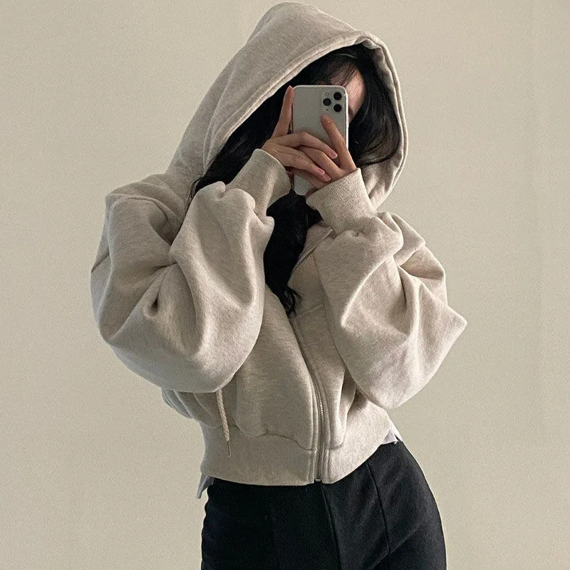 2023 가을/겨울 New Ins 양털 안감 다목적 패션 자른 슬림 지퍼 여성을위한 따뜻한 솔리드 컬러 후드 티셔츠