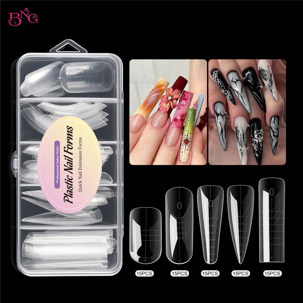 BNG Nail Formas duales para uñas de gel de extensión de poliéster Formas de uñas para gel constructor Reutilizable 15 tamaños Conjuntos de moldes de uñas acrílicos para manicura
