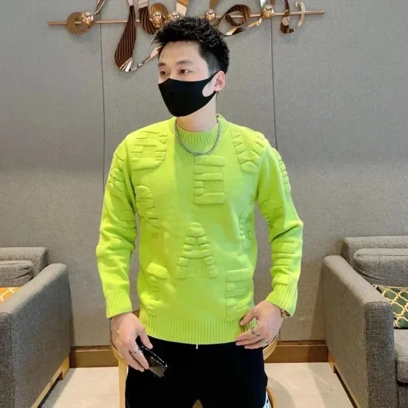 Suéter de punto verde para hombre, jerseys lisos de Color sólido, moda coreana, jerséis clásicos, Overfit calentado