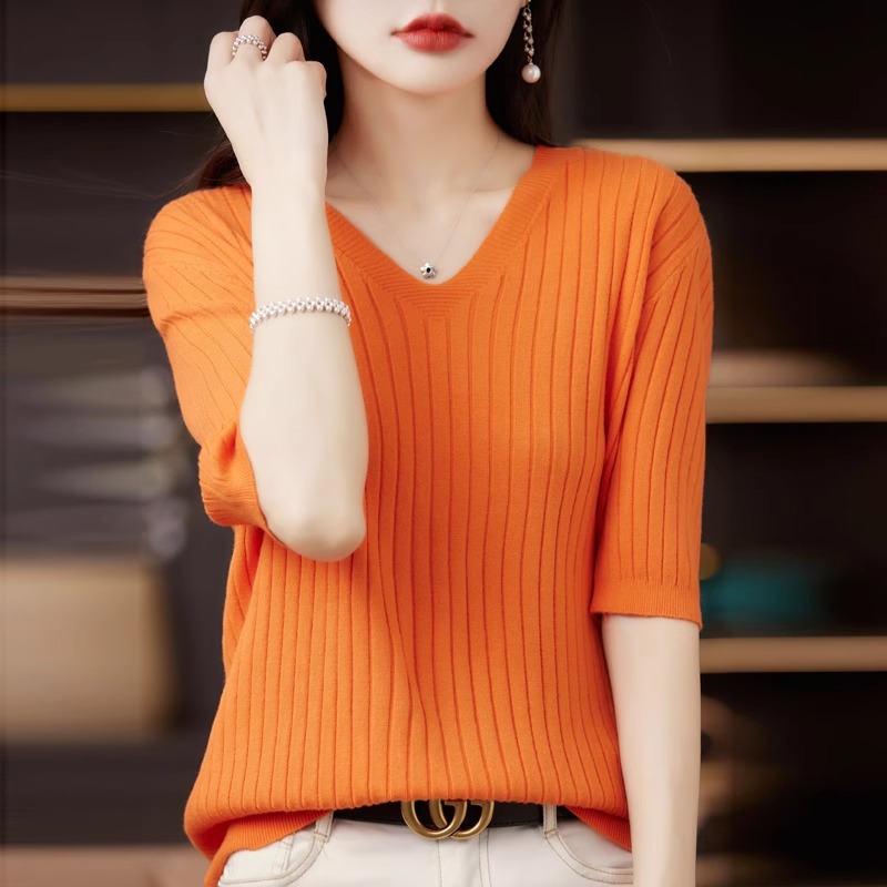 Suéter de mujer Primavera Verano manga corta Camisa de punto con cuello en V Casual jerseys coreanos camisa de fondo a rayas jerséis ajustados
