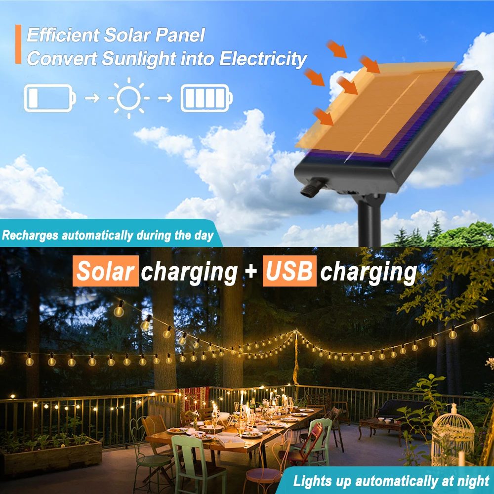 Luci a stringa solari da esterno con lampadine infrangibili a LED remote Luci a stringa solari G40 dimmerabili per decorazioni per feste in cortile esterno