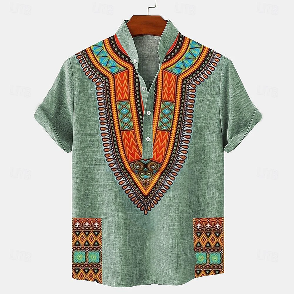 Tops para hombre, jersey de lino, tótem Tribal para hombre, camisa de manga corta, medio cárdigan, cuello levantado con botones, Camisa nueva, Tops de lino para hombre
