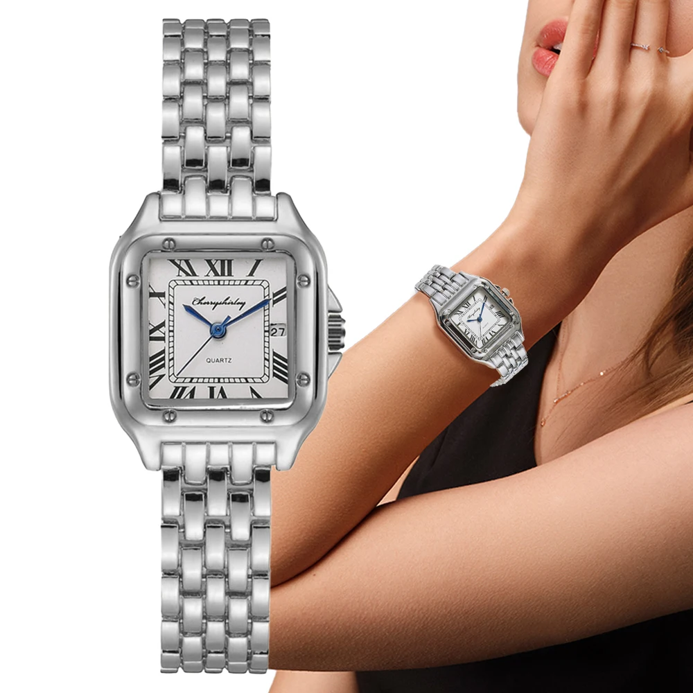 Sang Trọng Thương Hiệu Đồng Hồ Nữ 2022 Vuông Đơn Giản Lịch La Mã Quartz Nữ Thời Trang Dây Thép Không Gỉ Nữ Đồng Hồ