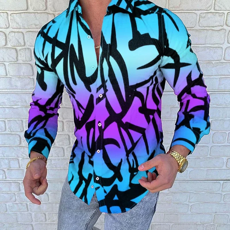 Mode männer Revers Button Up Hemd Casual Design Gedruckt Langarm Tops Straße männer Übergroße Lose Langarm Shirts 2024