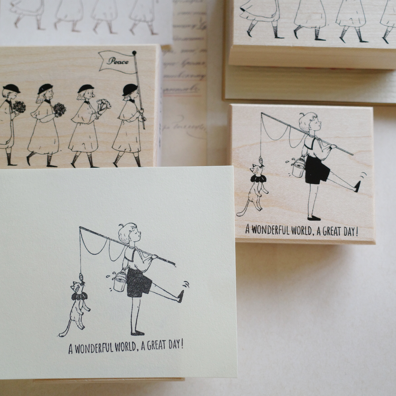 Walking Girls, Fishing Boy Diy Houten Stempel Rubber Scrapbooking Journal