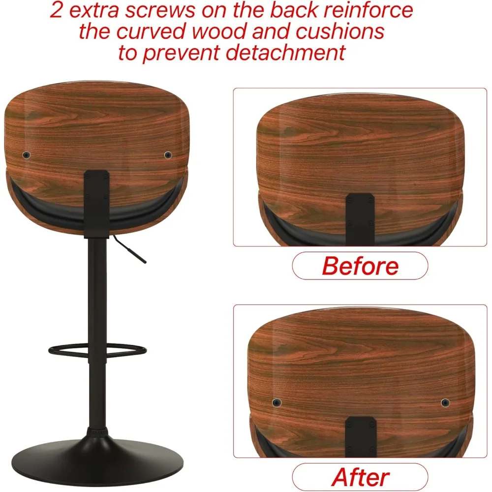 Bar Stools Set of 1 or 2, Swivel Adjustable Height Barstools, PU Leather Upholstered Bars Chair w/Footrest, Bentwood Bar Stool