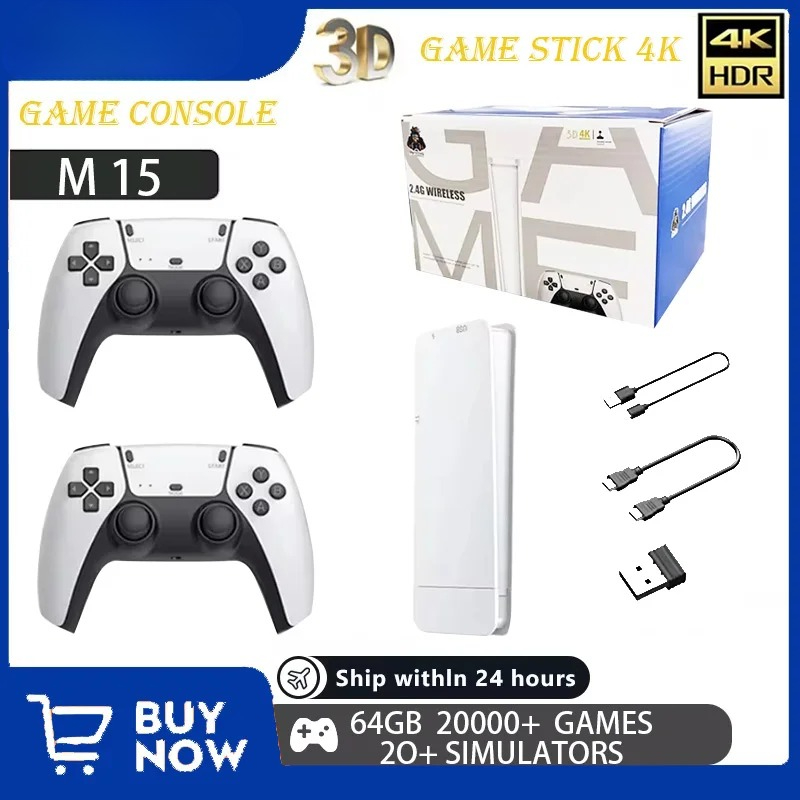 M15 4K TV Stick Handheld Console 64G Built-in 20000 Games Retro Wireless Controller