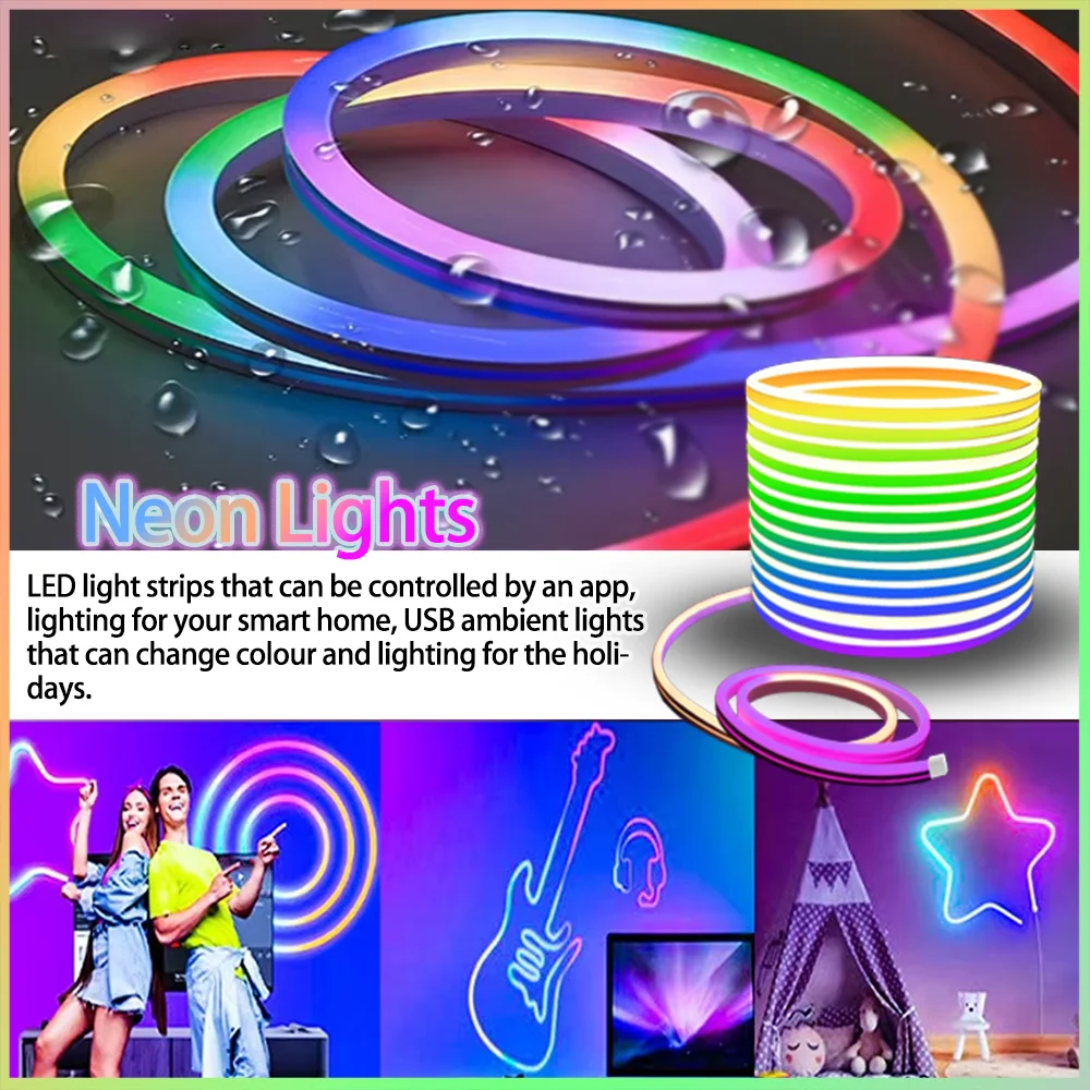 Luces de tira LED flexibles, luces de tira de neón que cambian de color RGB con aplicación/control remoto, luces de neón LED para exteriores impermeables IP67。