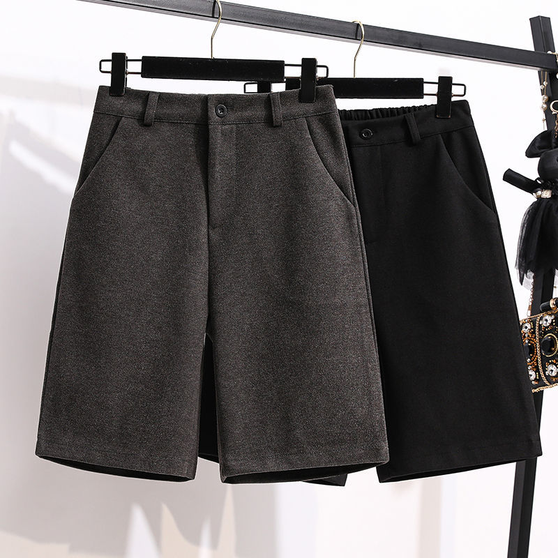 Pantalones cortos de pierna ancha para mujer, Shorts de lana, holgados, elásticos, rectos, informales, de cintura alta, con bolsillos y botones, combinan con todo, Otoño e Invierno