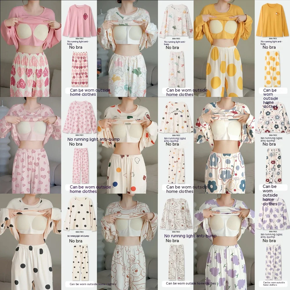2 ピース/セット女性ビッグサイズ胸パッド付きパジャマ春秋と冬長袖ヘッドセットルーズホームウェア屋外で着用可能