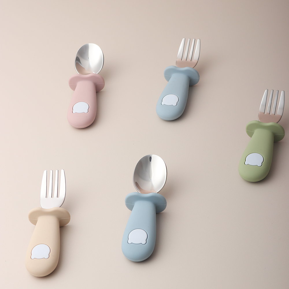 Colher e garfo de silicone em forma de panda para bebê, colher de alimentação de bebê em aço inoxidável
