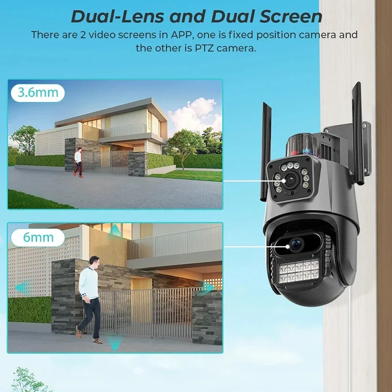 Telecamera WiFi da 8MP Telecamera di sicurezza esterna con zoom 8X Video sorveglianza 4K Tre obiettivi Doppio schermo PTZ ICsee Alexa NVR Sicurezza CCTV