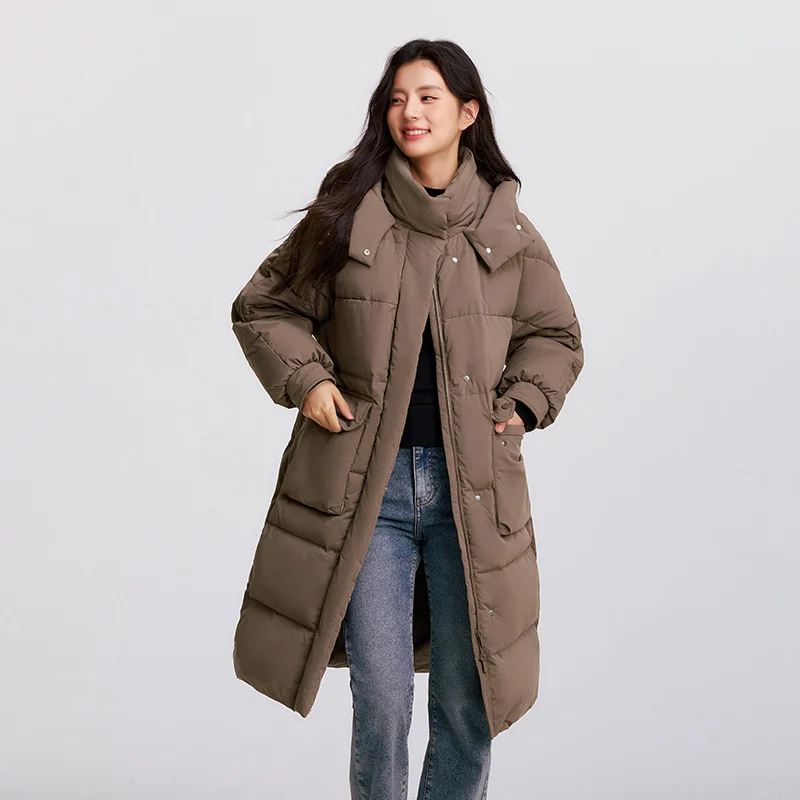 Semir para baixo casaco feminino longwaterproof à prova de óleo à prova de manchas quente 2025 inverno novo solto com capuz versátil jaqueta mulher