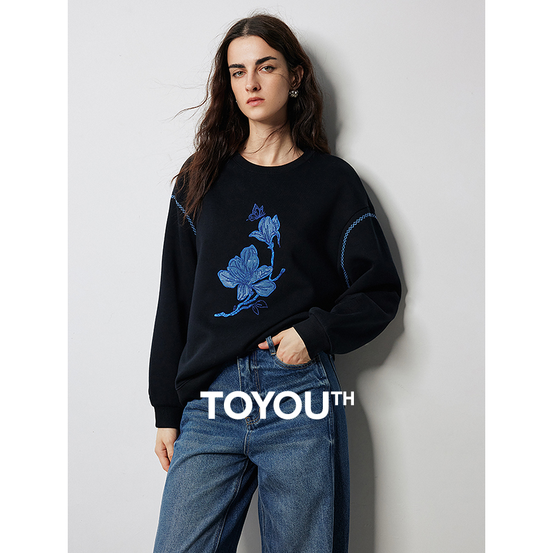 TOYOUTH เสื้อกันหนาวสตรี 2024 ฤดูใบไม้ผลิใหม่ Applique ดอกไม้เย็บปักถักร้อยแขนยาวรอบคอ Streetwear เสื้อ