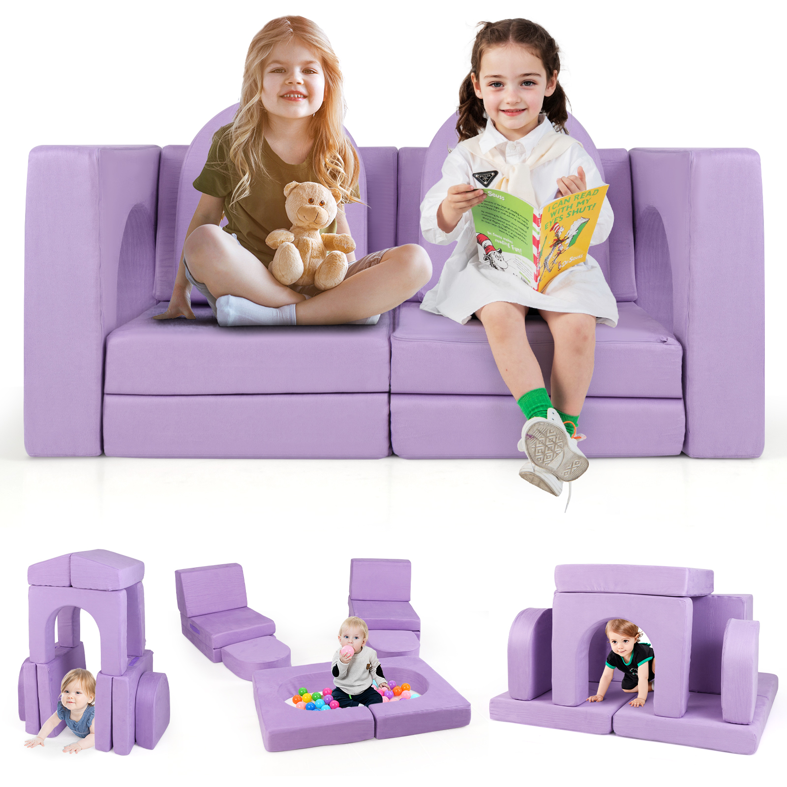 Kindersofa 8-teilig, Spielsofa aus Schaumstoff Bausteine mit bequemem Wildlederstoff, Modulares Spielsofa für Kinder zum Spielen