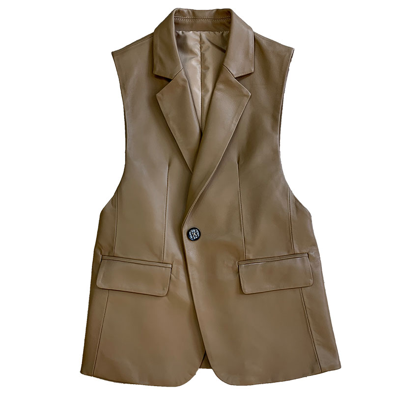 Veste en cuir de fibre de mouton véritable pour femme, col trempé, un bouton, gilet polyvalent, mi-long, mode, Y