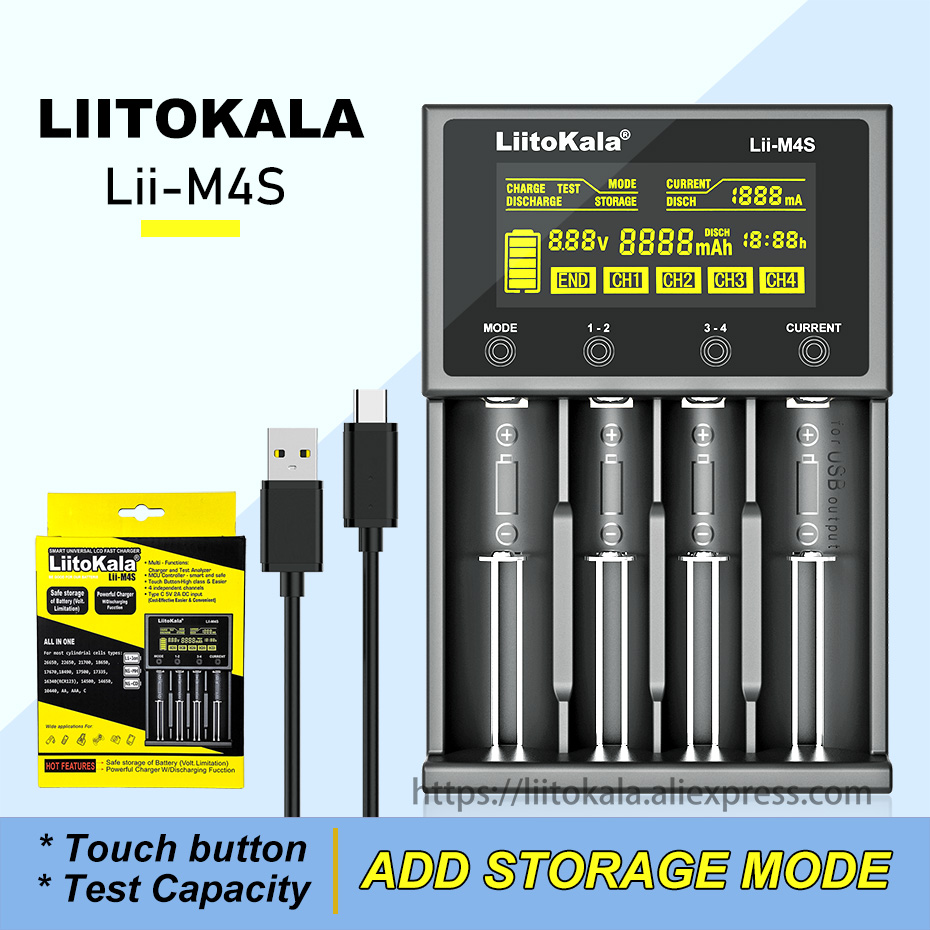 Liitokala Lii-M4S m4 18650 lcd carregador de bateria multifuncional para 3.7v 1.2v 26650 21700 14500 18350 17500 aa aaa a c e outros