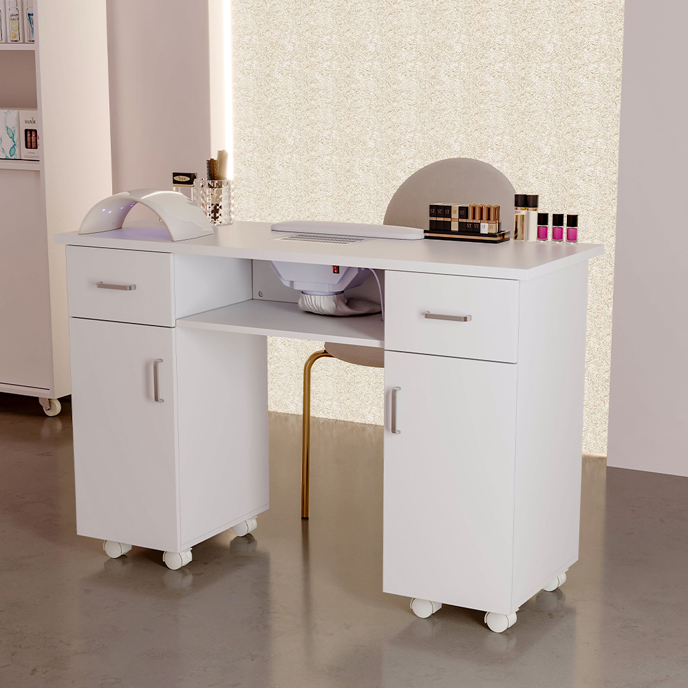 Wheeled Manicure Table with Electric Dust Extractor Collector Storage for Nail Makeup Beauty Salon，120cm W X 45cm D X 80cm H