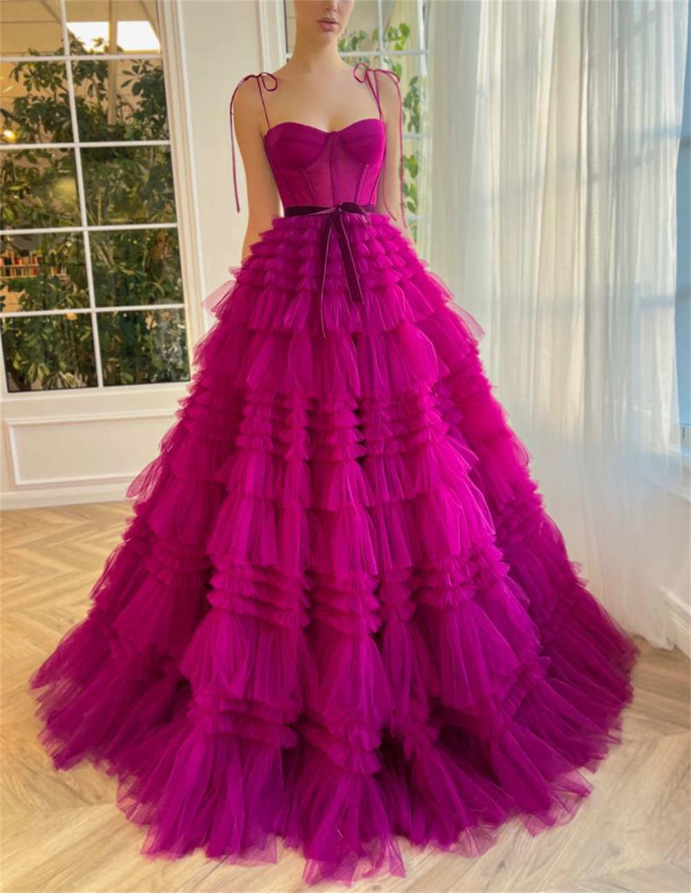 Sansa Sexy Spaghetti Strap Fuchsia فساتين السهرة Multilayer Tulle A-line Customized Prom Dress Princess Puffy Vestidos De Noche