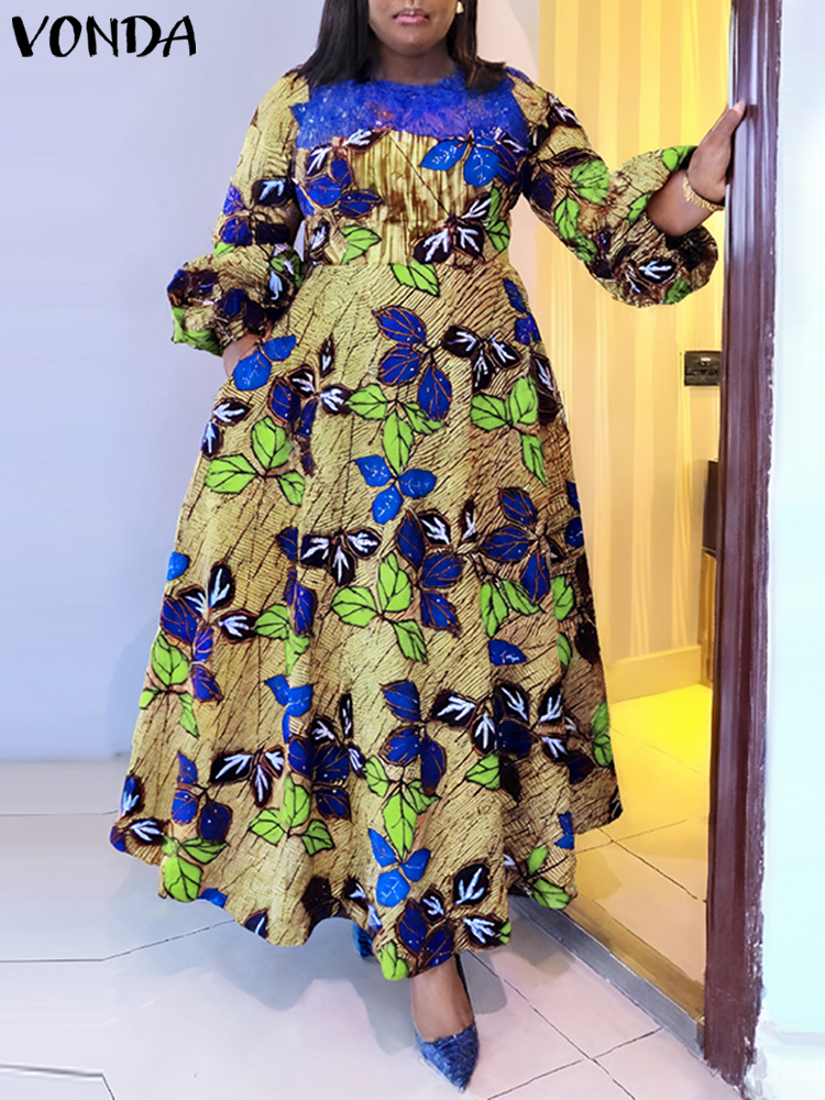 Vonda-女性のボヘミアンマキシドレス,花柄のカジュアルなサマードレス,レースのパッチワーク,ラウンドネック,エレガントなドレス,大きいサイズ,2024