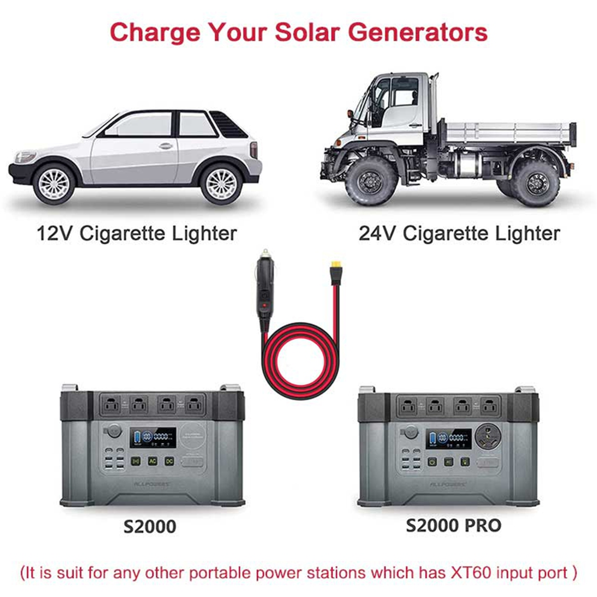 Mais novo isqueiro de carro para xt60 12v 24v cabo de carregamento para allpowers s2000 bluetti eb55, anker 757/767 ecoflow delta series
