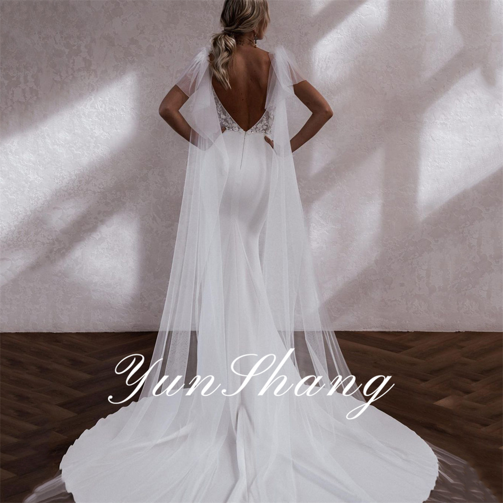 Yunshang Meerjungfrau Brautkleider Spitze V-ausschnitt Spaghetti-trägern Open Back Elegante Brautkleid Zug Vestidos De Novia Angepasst