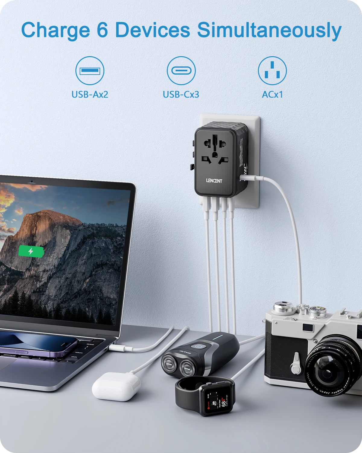 LENCENT Adaptador de viaje universal GaN de 65 W con 2 USB 3 tipo C Cargador de viaje todo en uno de carga rápida UE/REINO UNIDO/EE. UU./AUS para viajes