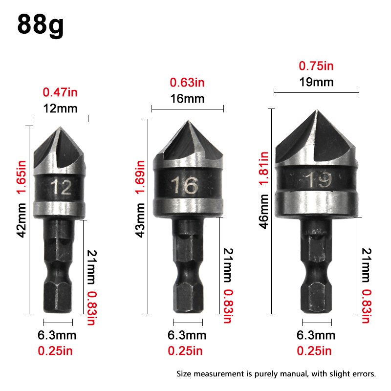 3PC zeshoekige Shank 90 Graad Zwart Vijf Blade Chamferer 12/16/19mm Verzinkboor houtbewerking Gat Opener Tool Set
