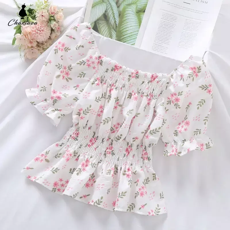 Süße gebrochene Blume Slash Neck Frauen Bluse Agaric Edge Falte Design schlanke elastische Taille kurz geschnittenes Top niedlichen Chiffon T-Shirt Sommer