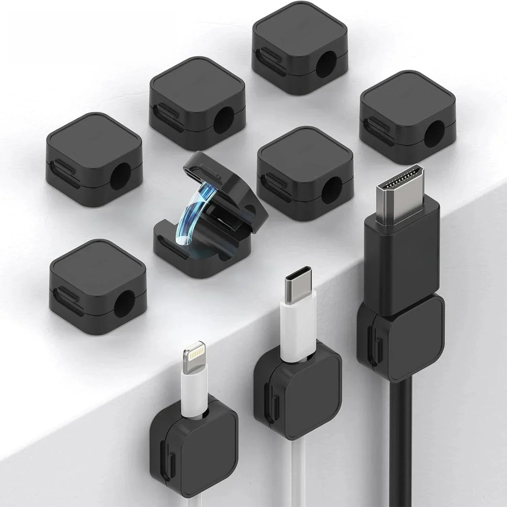 Cable clamp-type adjustable wiring harness fixator. Suitable for home offices and sticky desktop management storage units.