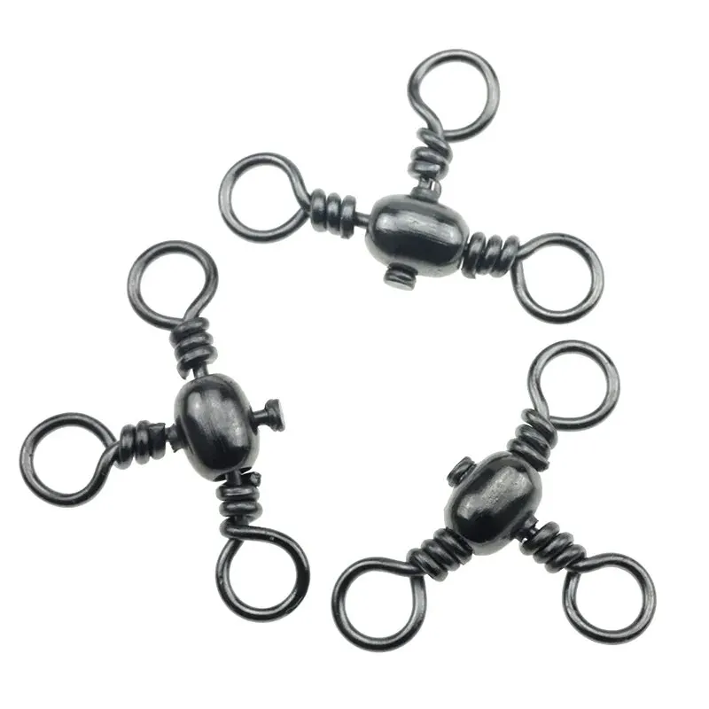 50 ชิ้น/ถุงอุปกรณ์ตกปลาสีดําชุบนิกเกิลสาม PRONG Connector T-Swivel Sub-Line Splitter ตกปลากลางแจ้ง Bazi แหวน