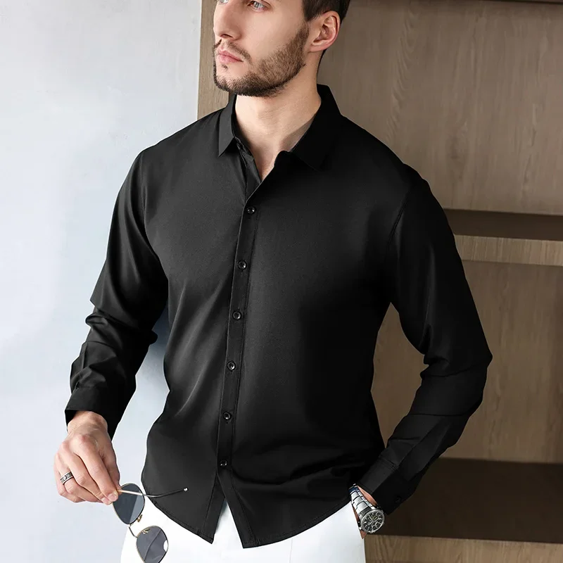 Neues, langärmliges, einfarbiges Business-Casual-Hemd für Herren, knitterfrei, knitterfrei, bequem, vielseitiges Oberteil für die ganze Saison
