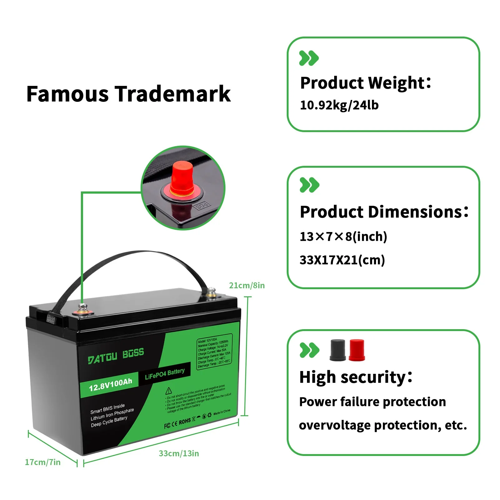 DATOUBOSS 12V100Ah Akumulator litowo-żelazowo-fosforanowy o głębokim cyklu Wbudowany inteligentny system BMS do wózków golfowych RV Łódka Układ Słoneczny BEZ PODATKU