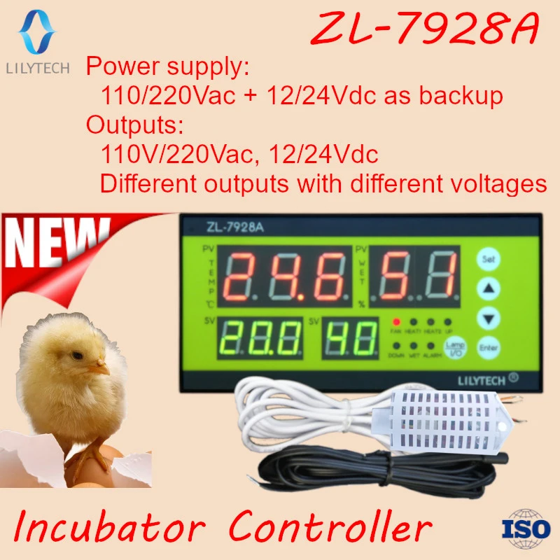 LILYTECH, ZL-7928A, 100/220 В переменного тока, резервная батарея 12 В, сухие выходы, многофункциональный автоматический инкубатор, контроллер инкубатора, ZL-7918A