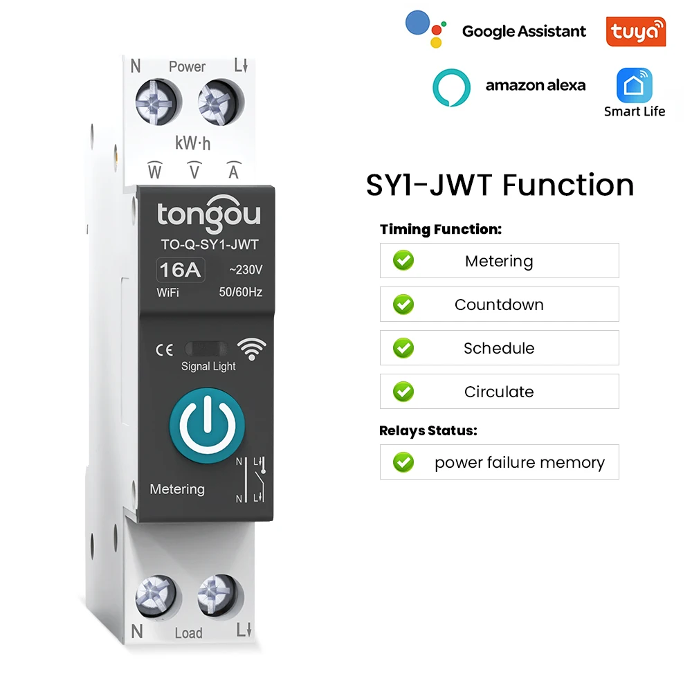 TUYA WIFI Smart Circuit Breaker With Metering 1P 50A 63A DIN Rail for Smart Home wireless Remote Control Switch by APP TONGOU