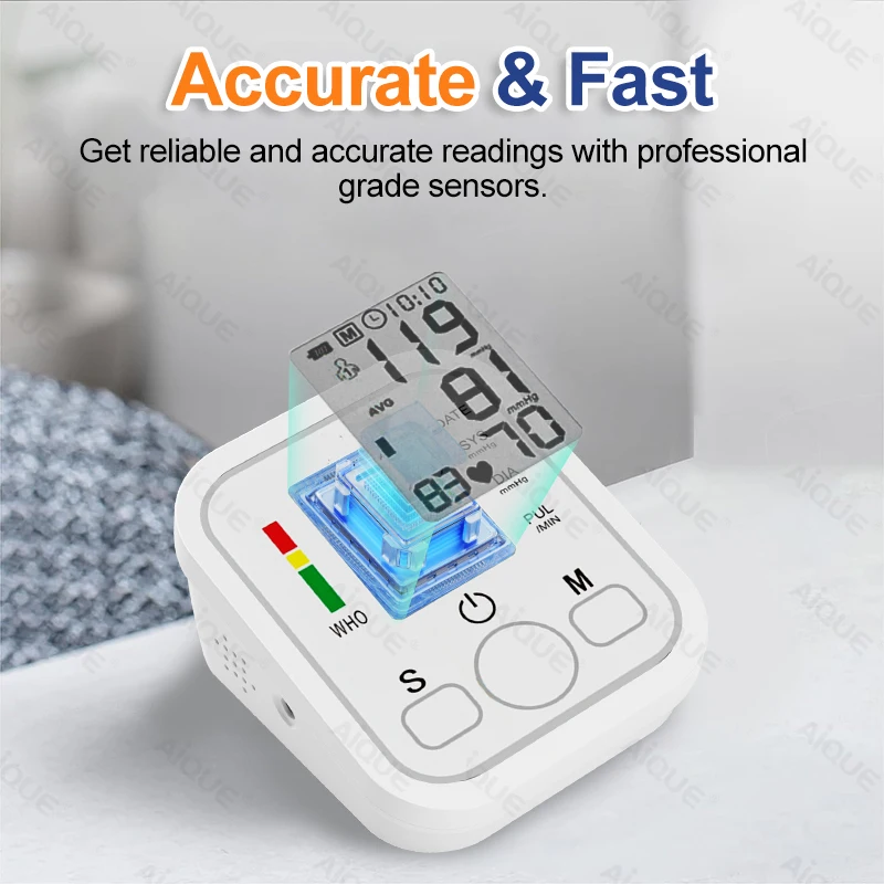 Monitor de presión arterial Digital automático para brazo, esfigmomanómetro, tonómetro, tensiómetro, medidor de pulso y frecuencia cardíaca, Monitor de voz BP
