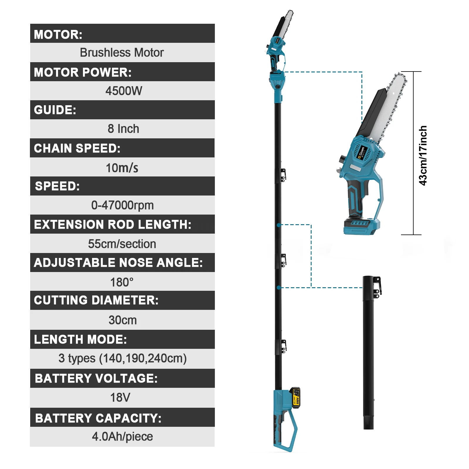 Gisam 8 นิ้วBrushless Telescoping POLEลูกโซ่ไฟฟ้าสูงสาขาเลื่อยสวนตัดแต่งกิ่งเครื่องมือสําหรับMakita 18Vแบตเตอรี่Pin