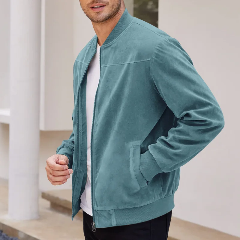 Amazon Suede Solid Color Zipper Jacket Casual Vintage Long Sleeve Cardigan Jacket Men